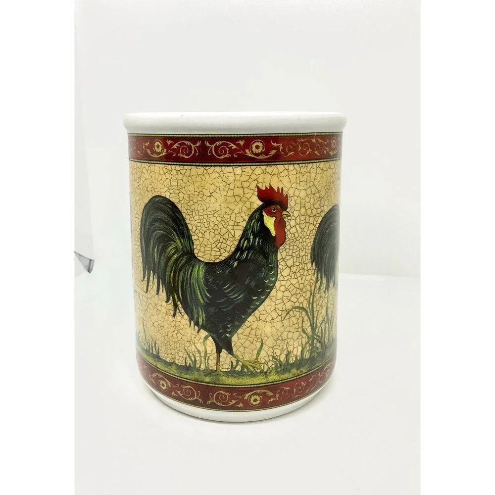 Vintage Ceramic Stoneware Rooster Utensil Crock